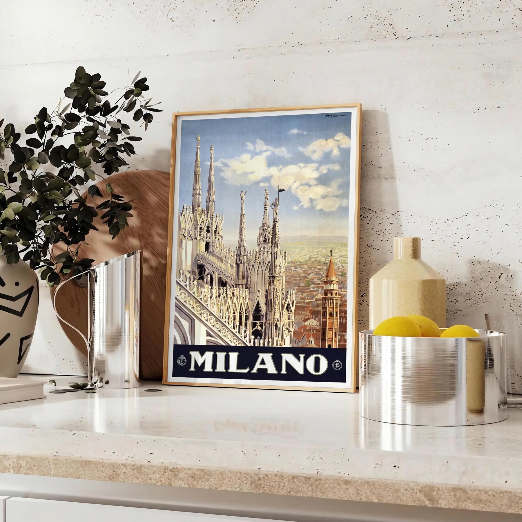 charm Milano captivating travel art poster striking blend black green wall unique gift artwork Italian elegance space sizes A4 cm A0