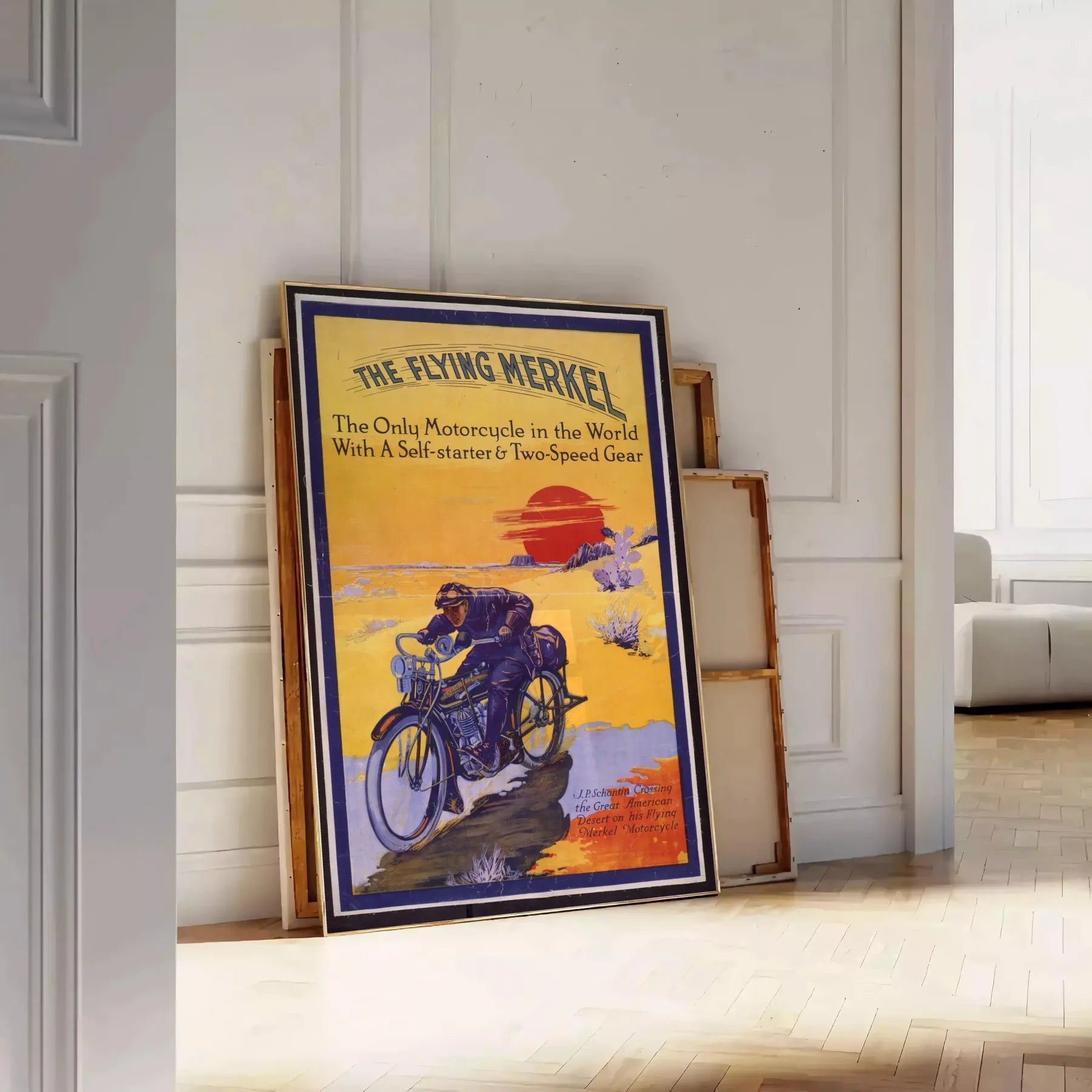 walls captivating moto travel poster dynamic blue yellow hues stylish print thoughtful gift adventure enthusiasts space vibrant wall art various sizes A4 cm A0