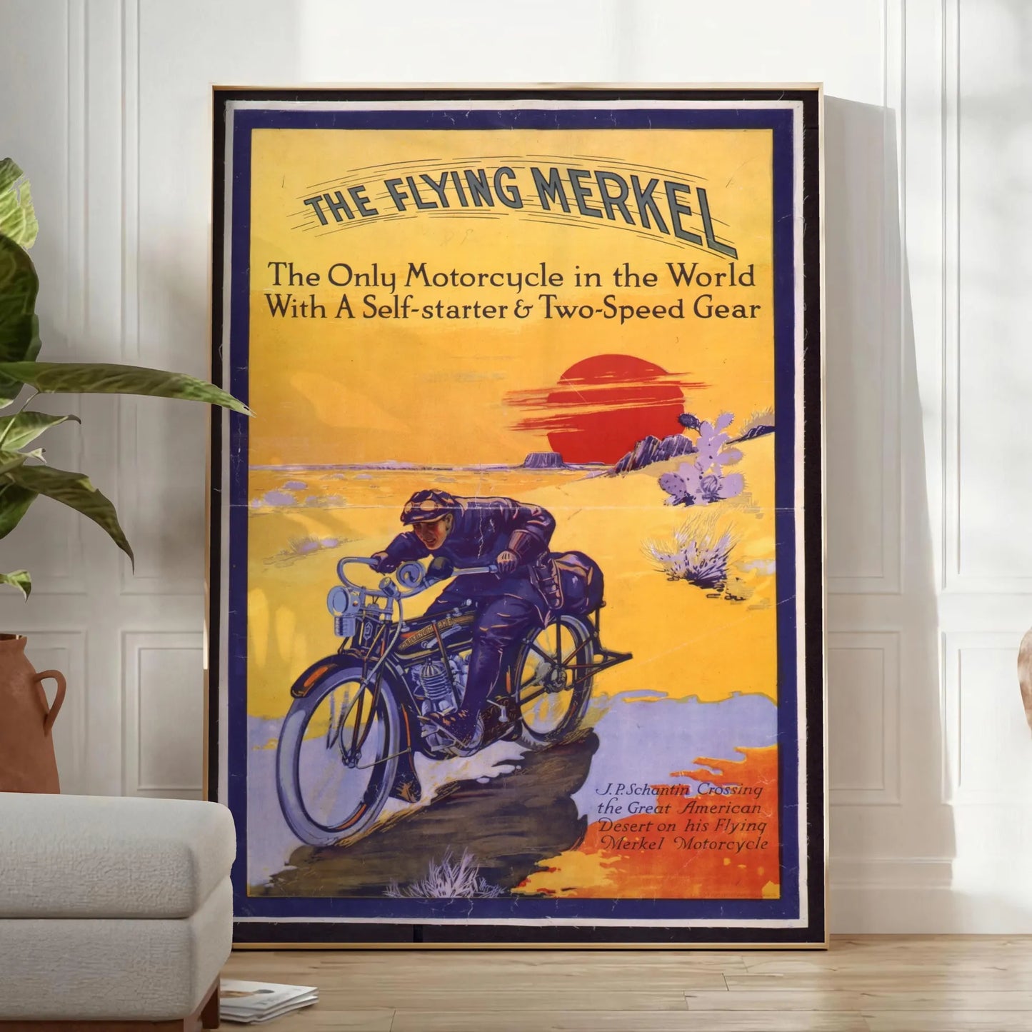 walls captivating moto travel poster dynamic blue yellow hues stylish print thoughtful gift adventure enthusiasts space vibrant wall art various sizes A4 cm A0