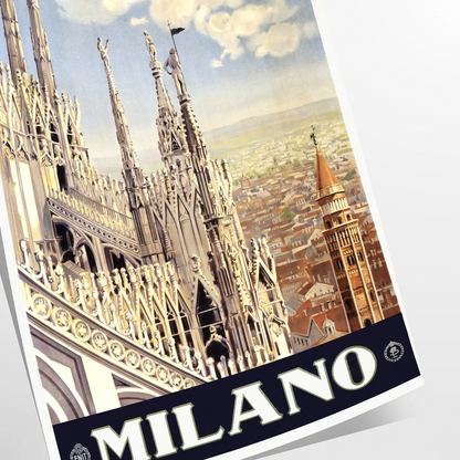 charm Milano captivating travel art poster striking blend black green wall unique gift artwork Italian elegance space sizes A4 cm A0