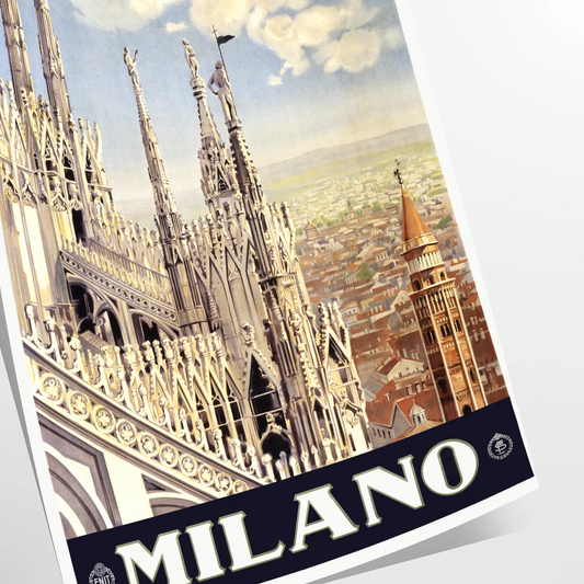 charm Milano captivating travel art poster striking blend black green wall unique gift artwork Italian elegance space sizes A4 cm A0