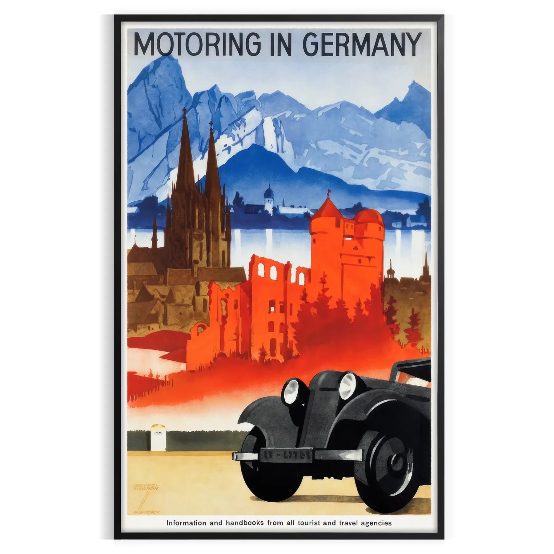 allure Germany vibrant motoring travel poster orange blue tones stunning wall art life perfect gift car enthusiasts sizes A4 cm A0 home office collection